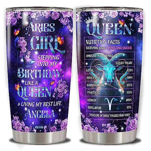 WAZONE Personalized Queen Tumbler Customized Zodiac Cup With Name Purple Galaxy Butterfly Flower Travel Mug 20oz 30oz Astrological Sign Aries Gemini Cancer Leo Virgo Libra Taurus Scorpio - color: Zodiac