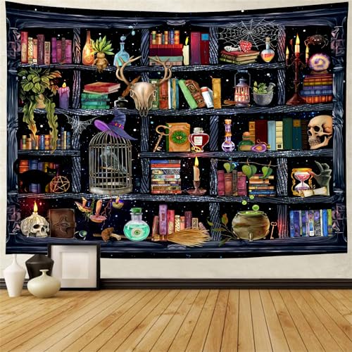 FENDROM Bookshelf Magical Book Tapestries Goth Skull Vintage Botanical Tapestry Black Cat Wall Hanging for Bedroom Home Decor - color: Bookshelf, size: 59"L x 51"W