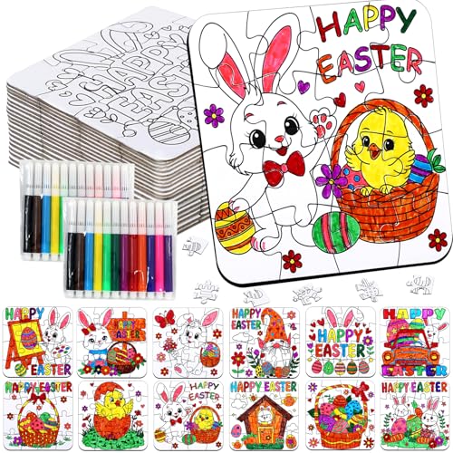 24 Pcs Easter Crafts Puzzle for Kids & Adults, Easter Gifts DIY Jigsaw with Egg Bunny Basket Flower, Spring April Arts and Craft for Party Favors Classroom Activities Coloring Games & Paper Toy Bulk - color: Easter Colorful