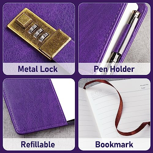 WEMATE Diary with Lock, A5 PU Leather Journal with Lock 240 Pages Purple - color: Purple