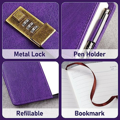 WEMATE Diary with Lock, A5 PU Leather Journal with Lock 240 Pages Purple - color: Purple