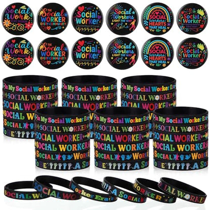 Kenning 100 Pcs Social Work Month Appreciation Gifts Set Includes 50 Social Work Rubber Bracelets Silicone Wristbands and 50 Button Pins Badges for Worker Volunteer Coworker Appreciation