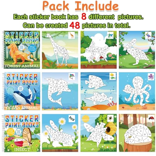 6 Pcs Paint by Sticker Books for Kids Ages 4-8 Sticker by Number Books Activity Book for Kids Ages 3-5 Sticker Puzzle Book Craft Art Toddler Girls Gift with Dinosaur Unicorn Forest Animal 48 Pictures - style: Animal