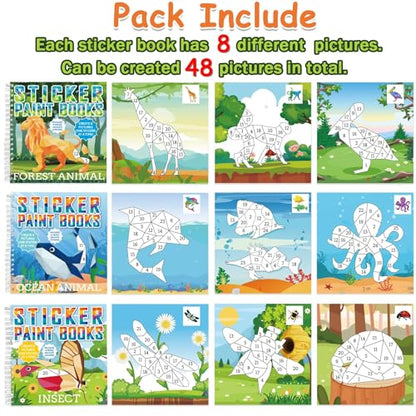 6 Pcs Paint by Sticker Books for Kids Ages 4-8 Sticker by Number Books Activity Book for Kids Ages 3-5 Sticker Puzzle Book Craft Art Toddler Girls Gift with Dinosaur Unicorn Forest Animal 48 Pictures - style: Animal