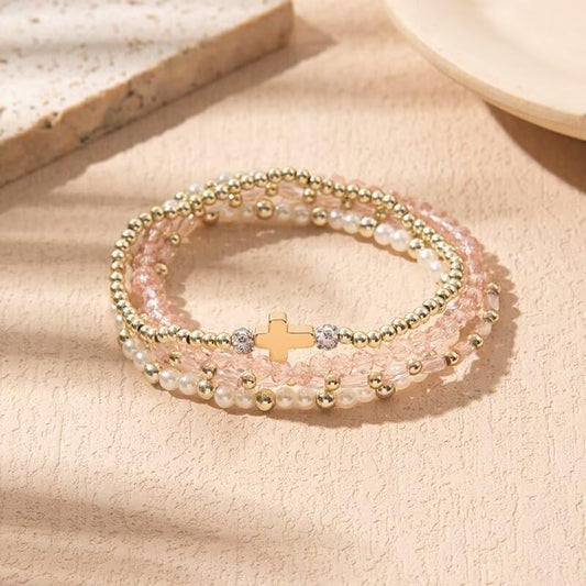 Colorful Cross Charm Bracelets for Women Men Adjustable Gold Plated Beaded Bracelet Boho Bead Ball Stretch Bracelet Birthday Summer Beach Jewelry - color: Light Pink