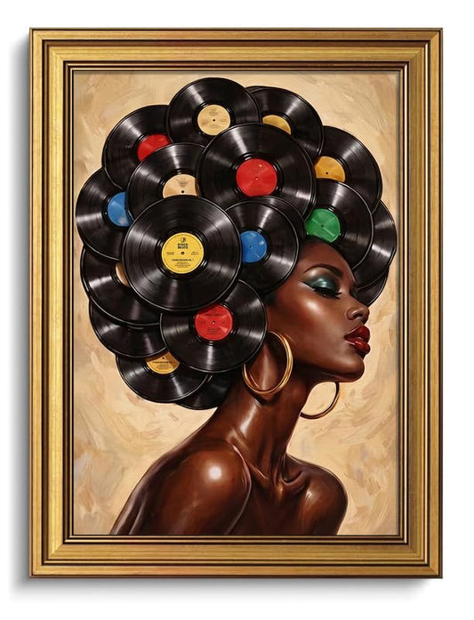 Vintage Vinyl Record Wall Art Black Woman Portrait Pictures Wall Decor - color: Gold Framed-02, size: 12x16in