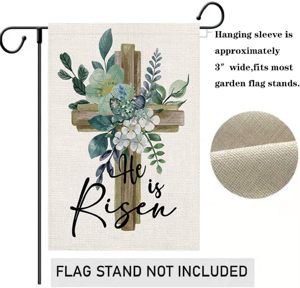 He Is Risen House Flag 28 x 40 Inch Happy Easter Cross Religious Decorative Double Sided Burlap Flag for Spring Easter Farmhouse Yard Holiday Decoration