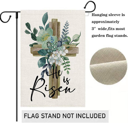He Is Risen House Flag 28 x 40 Inch Happy Easter Cross Religious Decorative Double Sided Burlap Flag for Spring Easter Farmhouse Yard Holiday Decoration