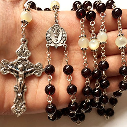 elegantmedical handmade Garnet Gemstone Beads Our Lady of GRACE 5 DECADE ROSARY Cross necklace