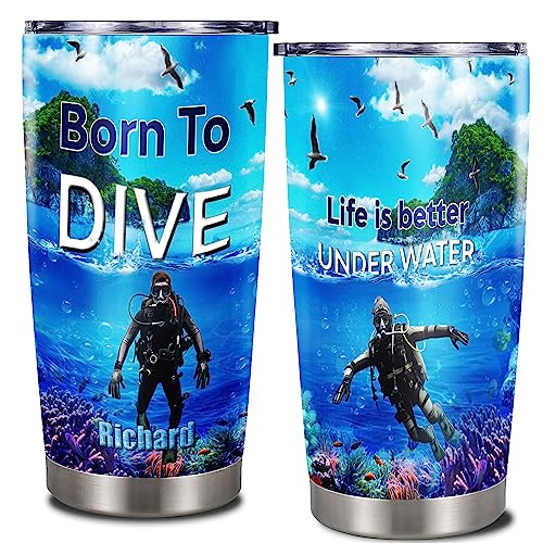 Dorris Personalized Scuba Diving Tumbler Customized Name With Lid 20 30oz Stainless Steel Insulated Coffee Mug Home Funny Travel Diver Tumblers Gifts For Men Women Husband Christian On Birthday - color: Diving