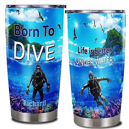 Dorris Personalized Scuba Diving Tumbler Customized Name With Lid 20 30oz Stainless Steel Insulated Coffee Mug Home Funny Travel Diver Tumblers Gifts For Men Women Husband Christian On Birthday - color: Diving