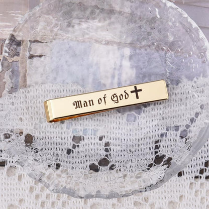 Novelty Mens Tie Clip for Wedding Graduation Gift for Him Son Grandson Birthday Christmas Gift Tie Clips for Dentist Pilot - style: man of god-gold