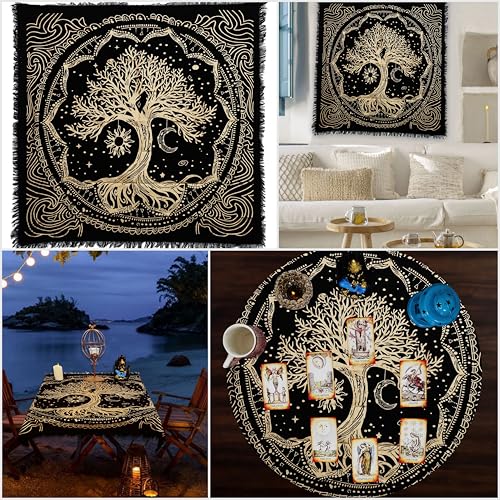 Indian Consigners Tree of Life Altar Cloth Tapestry Tablecloth Celtic Trees Ritual Spiritual Cloth for Sacred Places, Cotton Square Tarot Table Cover 18 by 18 Sacred - color: Golden Sun Moon Tree, size: 18" x 18" (Square)