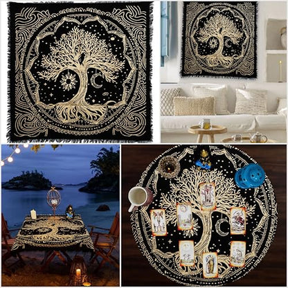 Indian Consigners Tree of Life Altar Cloth Tapestry Tablecloth Celtic Trees Ritual Spiritual Cloth for Sacred Places, Cotton Square Tarot Table Cover 18 by 18 Sacred - color: Golden Sun Moon Tree, size: 18" x 18" (Square)