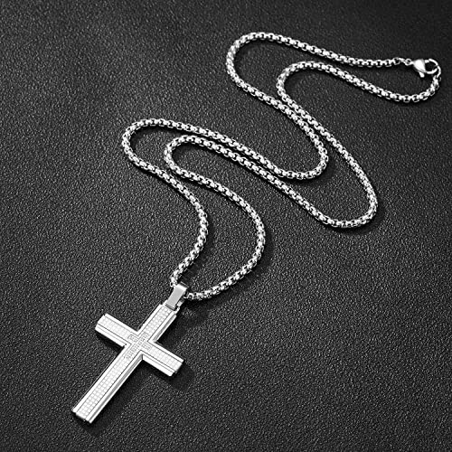 Holizaly Men's Cross Necklace 316L Stainless Steel Pendant White/Gold/Black/Blue Rolo Chain-Gift Box Included - color: Silver -A
