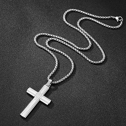 Holizaly Men's Cross Necklace 316L Stainless Steel Pendant White/Gold/Black/Blue Rolo Chain-Gift Box Included - color: Silver -A