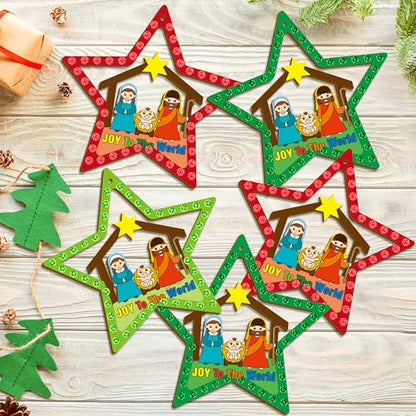 BeYumi Christmas Wooden Star Craft - 20Pcs DIY Wooden Star Ornaments Craft Kit for Kids Make Your Own Nativity Stars Christian Religious Xmas Craft with Gem Sticker Church Party Decoration Supplies - style: Star