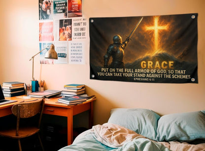 3x5 Feet Christian Armor of God Flag with Quote - "Grace Put On The Full Armor Of God" with 4 Brass Grommets - Polyester Christian Wall Decor Jesus Flags for Church - Single Sided Banner for Bedroom