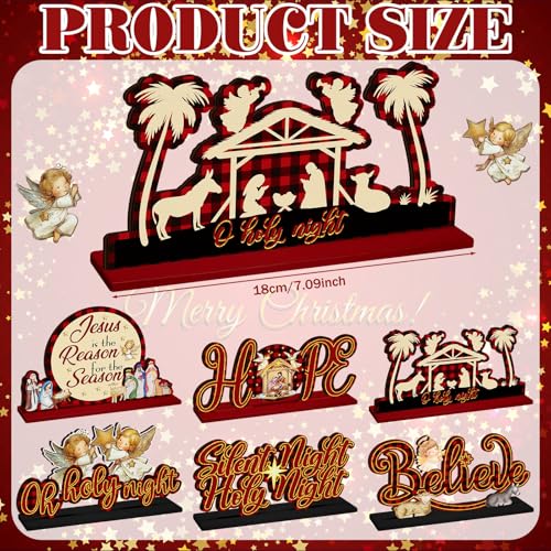 Shellwei 6 Pcs Christmas Table Decoration Nativity Scene Jesus Christian Centerpiece Wooden Xmas Religious Party Decor Believe Joy Noel Jesus Table Topper Winter Holiday Sign for Indoor New Year Craft - style: Christmas Jesus