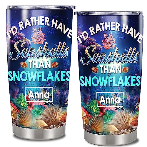 Personalized I'd Rather Have Seashells Than Snowflakes Tumbler Cup With Lid Custom Name Seashell Insulated Travel Mug Coffee Stainless Steel Gift Ocean For Beach Lover Women Men - color: Seashell