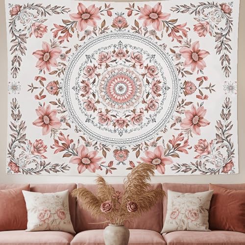 Motanber Pink Floral Tapestry Wall Hanging Boho Mandala Medallion Tapestry Aesthetic Watercolor Flower Cute Small Tapestries for Bedroom Living Room Dorm Decor 48 x 36 Inch - color: Light Pink, size: 48"L x 36"W