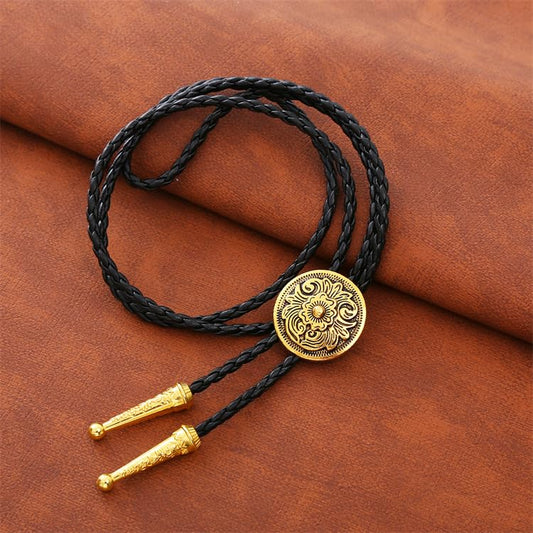 Western Cowboy Bolo tie for Men Women Gold Silver Death Skull Moth Cross Bolo Tie Christmas Deer Rooster Wolf Necktie Gift - color: 6# Gold Flower