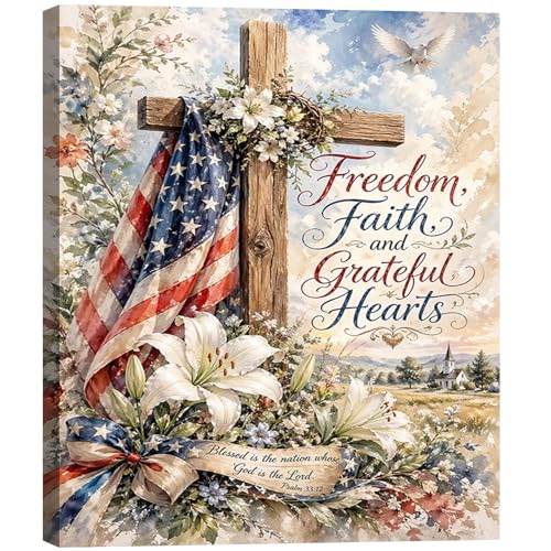 RIBNTAK Patriotic Christian Wall Art Canvas Prints Pictures, Cross and American Flag Artwork Faith Freedom Grateful Hearts Decor, 4th of July Religious Wall Decor for Living Room Bedroom Office - color: Picture 44, size: 20"L x 30"W