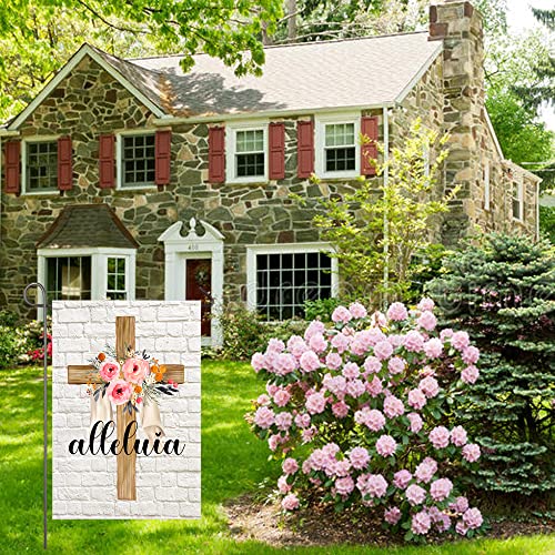 Easter Cross Garden Flag Alleluia He is Risen Religious Flags 12x18 Vertical Double Sided Spring Floral Cross Yard Flag Christian Holiday Yard Outdoor Decoration
