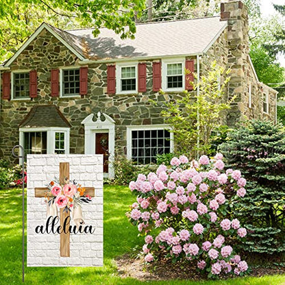 Easter Cross Garden Flag Alleluia He is Risen Religious Flags 12x18 Vertical Double Sided Spring Floral Cross Yard Flag Christian Holiday Yard Outdoor Decoration
