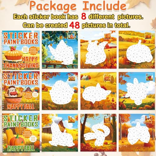 6PCS Thanksgiving Paint by Sticker Books Crafts for Fall Sticker by Number Books Activity Book for Sticker Puzzle Book Craft Art Gift with Turkey Pumpkin 48 Pictures - style: Fall Thanksgiving