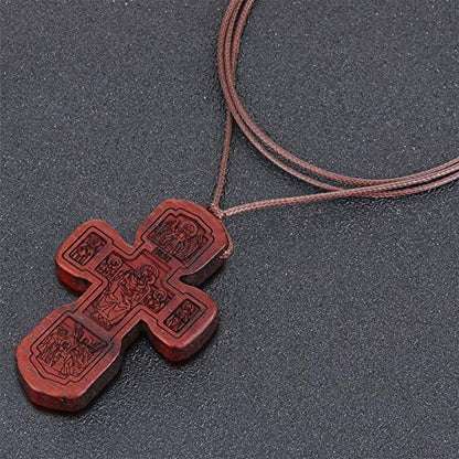 COTTVOTT Wood Orthodox Cross Pendant Necklace Christian Crucifix Necklace Prayer Jesus for Women Men - style: C-Red Color