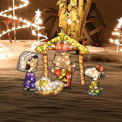 ProductWorks 32-Inch Peanuts Nativity Pageant Scene 2D Pre-Lit 150 LED Lights 5 Piece Set Yard Art