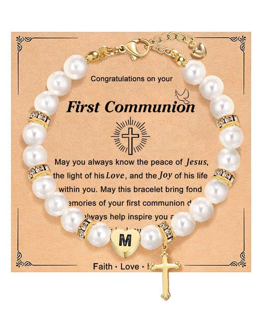enasal First Communion Gifts for Girls Teens, Initial A-Z Cross Pearl Bracelet for Christian Catholic Daughter Goddaughter - color: Initial-M