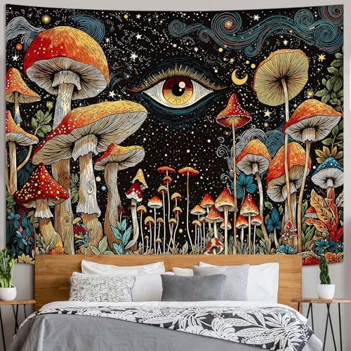 Fungarth Hippie Mushroom Tapestry Vinatge Plant Starry Night Tapestries Wall Hanging Hippy Celestial Small Tapestry for Bedroom Living Room Study Classroom Dorm 48 x 36 inch - color: Sky Eye, size: 48"L x 36"W