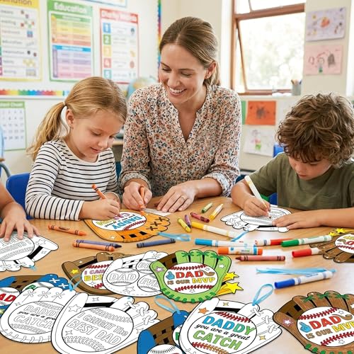 CY2SIDE Fathers Day Coloring Craft - 80PCS Color Your Own Best Dad Baseball Glove Cutout Hanging Ornament Caught The Best Dad DIY Baseball Theme Paper Card for Kids School Activity Fathers Day Gift - style: Father Baseball Glove