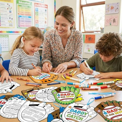 CY2SIDE Fathers Day Coloring Craft - 80PCS Color Your Own Best Dad Baseball Glove Cutout Hanging Ornament Caught The Best Dad DIY Baseball Theme Paper Card for Kids School Activity Fathers Day Gift - style: Father Baseball Glove