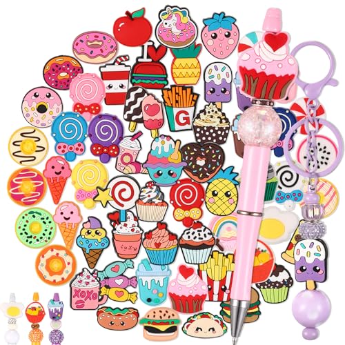 Tondiamo 60 Pcs Food Silicone Focal Beads for Pens Funny Desserts Silicone Beads Bulk for Beaded Pen DIY Craft Keychain Making Necklace Bracelet Charms Jewelry Decor - style: Food Style