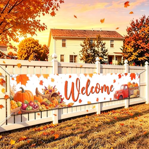 Welcome Fall Banner Happy Fall Yard Banner Pumpkin Red Truck Outdoor Decor - color: Welcome Red Car