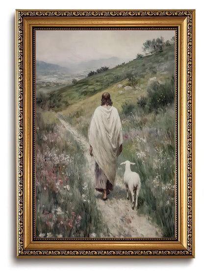 Gold Framed Jesus Shepherd Wall Art Jesus Leaves the 99 Sheep 16x24in - color: Gold Framed-06, size: 24"L x 16"W
