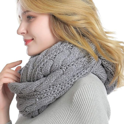 Winter Women Thick Cable Knit Ribbed Infinity Circle Loop Scarf - color: Soft Grey