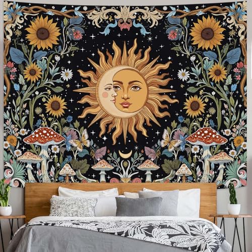 Fungarth Sun and Moon Tapestry Hippie Mushroom Boho Floral Wall Tapestry for Bedroom Aesthetic Vintage Sunflower Celestial Large Tapestries Wall Hanging for Living Room Dorm 80 x 60 Inch - color: Sunflower Mush, size: 80"L x 60"W