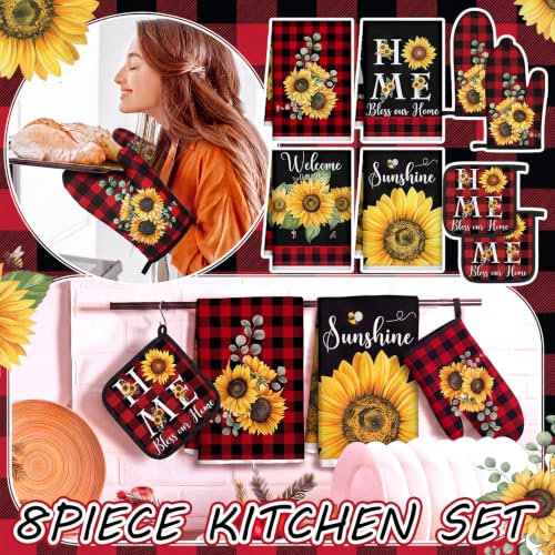 Leinuosen 8 Pcs Sunflower Red Plaid Kitchen Towels Dishcloths Accessories - color: Red and Black, style: Sunflower