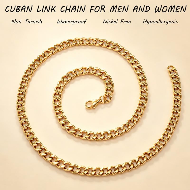 Reoxvo Stainless Steel Cuban Link Chain Necklaces Jewelry for Men - color: b.6mm width-gold plated, size: 18.0 Inches