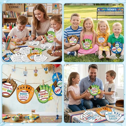 CY2SIDE Fathers Day Coloring Craft - 80PCS Color Your Own Best Dad Baseball Glove Cutout Hanging Ornament Caught The Best Dad DIY Baseball Theme Paper Card for Kids School Activity Fathers Day Gift - style: Father Baseball Glove