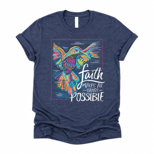 Love in Faith | Faith Hummingbird Tee | Christian Short Sleeve | Faith-Based Apparel | Heather Navy | Unisex - size: Large
