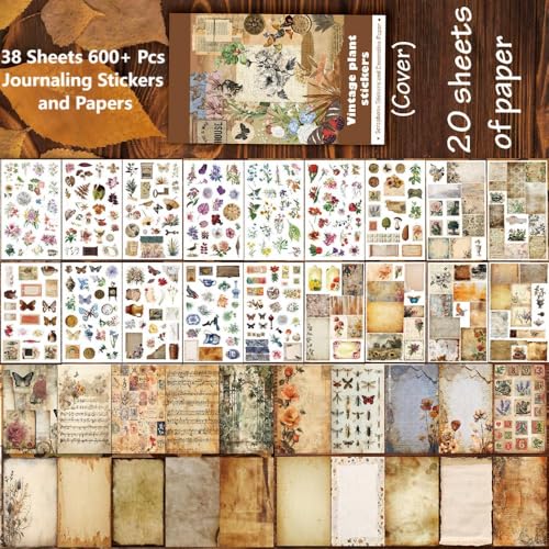 347Pcs Journaling Stickers and 20 Sheets Scrapbook Paper, Vintage Scrapbooking Kit, Plant Flower Butterfly Background Ephemera for Junk Journal Supplies, Planners, Bujo, Collage Art - color: 38 Sheets Vintage Stickers and Paper Kit