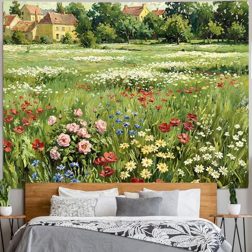 Lifeel Vintage Countryside Meadow Tapestry, Green Landscape Field Flower Oil Painting for Living Room Bedroom Decor, 36x48 inches - color: Green, size: 48"L x 36"W