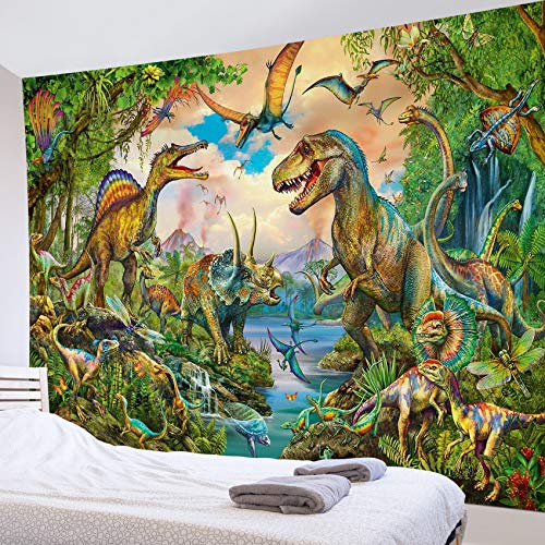 LB Dinosaur Tapestry for Kids Bedroom Cute Animal Wall Hanging Ancient Dino Backdrop for Boys Girls Birthday Background Cartoon Tropical Forest Art Poster for Living Room Dorm Wall Decor,78x60 Inch - color: Green, size: 60"L x 78"W