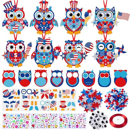 Funrous 48 Sets Patriotic Owl Crafts Bulk 4th of July Paper Crafts DIY - style: Patriotic Owl
