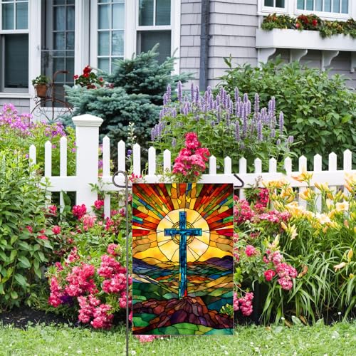 Christian Cross Garden Flag 12x18 Inch Double Sided Easter Religious Garden Flag Small Burlap Banner Yard Lawn Porch Outdoor Decor